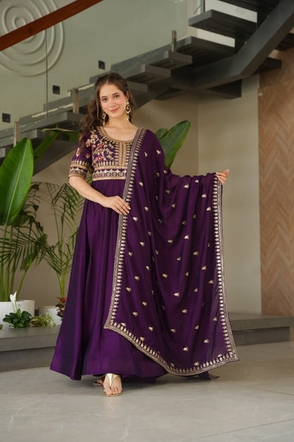 Premium Vichitra Silk Gown with Dupatta (Red & Purple Variants)