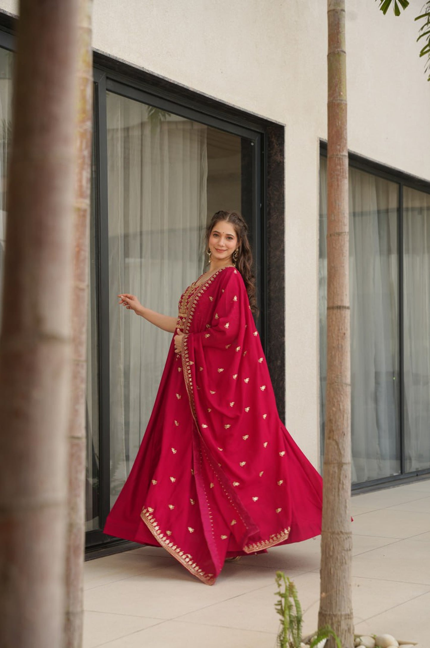 Premium Vichitra Silk Gown with Dupatta (Red & Purple Variants)