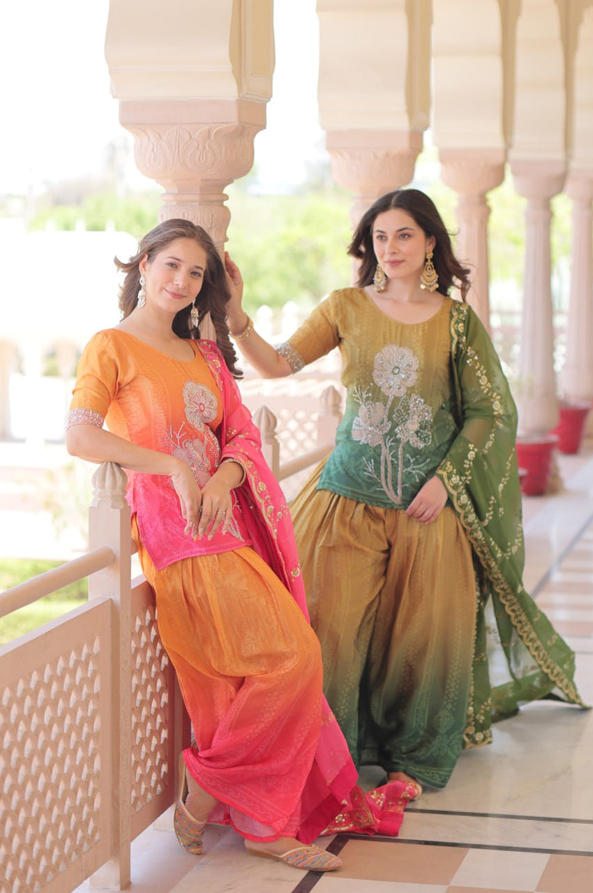 Chinnon Print Sharara Suit with Beads Embroidery & Zari Dupatta – Ready to Wear Elegance (2025 Collection)