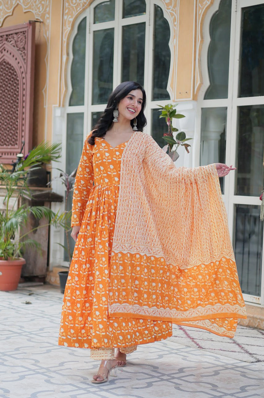 Pure Cotton Kurti Pant Dupatta Set | Gray & Orange | Ethnic Charm