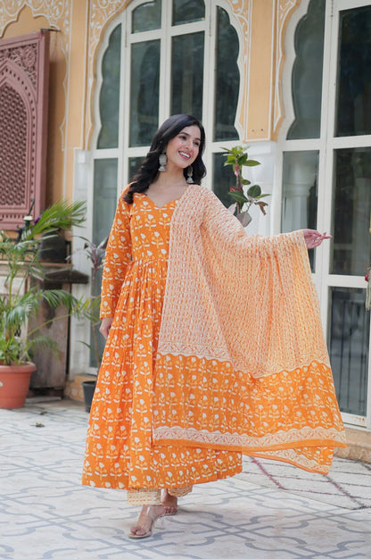 Pure Cotton Kurti Pant Dupatta Set | Gray & Orange | Ethnic Charm