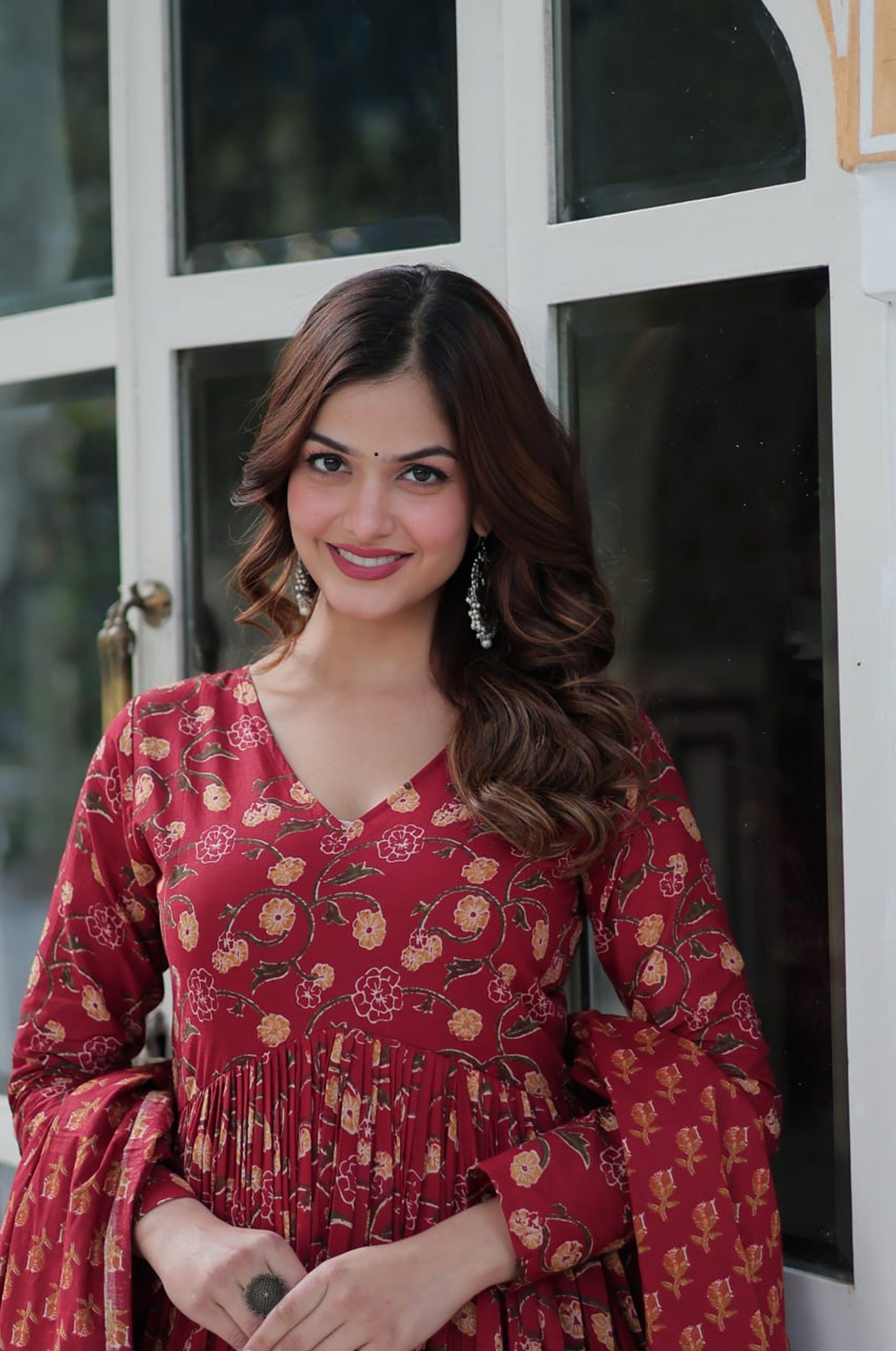 Blue & Red Premium Cotton Kurti with Pant and Dupatta Set