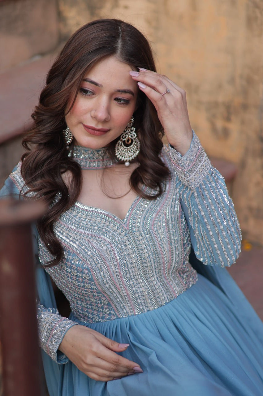 Elegant Star Georgette Gown with Beads + Dupatta | Sky Blue & Purple