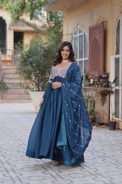 Designer Star Georgette Gown with Beads & Sequins Work + Dupatta