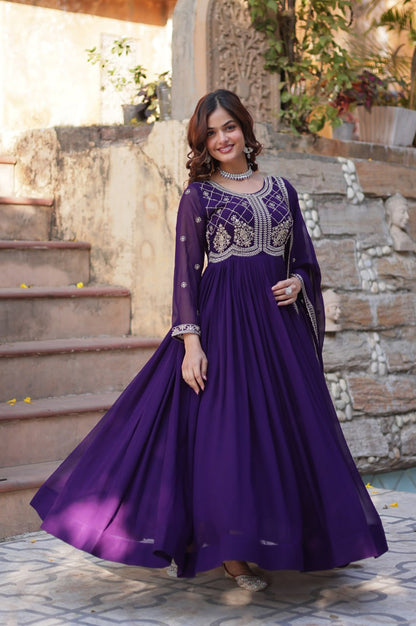 Premium Faux Blooming Embroidered Gown with Dupatta (Maroon & Purple)