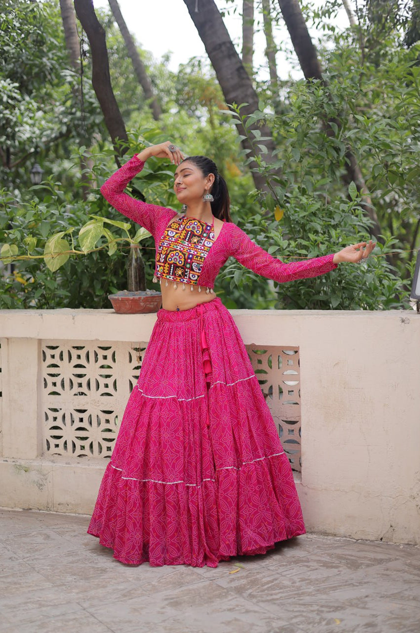 Bandhej Print Navratri Lehenga Choli with Gamthi Embroidery & Gotta Patti Lace – 12 Meter Flair (Fully Stitched)