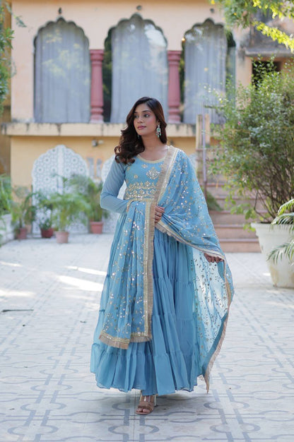 Premium Star Georgette Heavy Flair Gown with Embroidered Dupatta