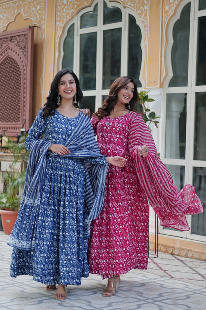 Pure Cotton Kurti with Pant & Dupatta Set | Blue & Pink | Ethnic Chic