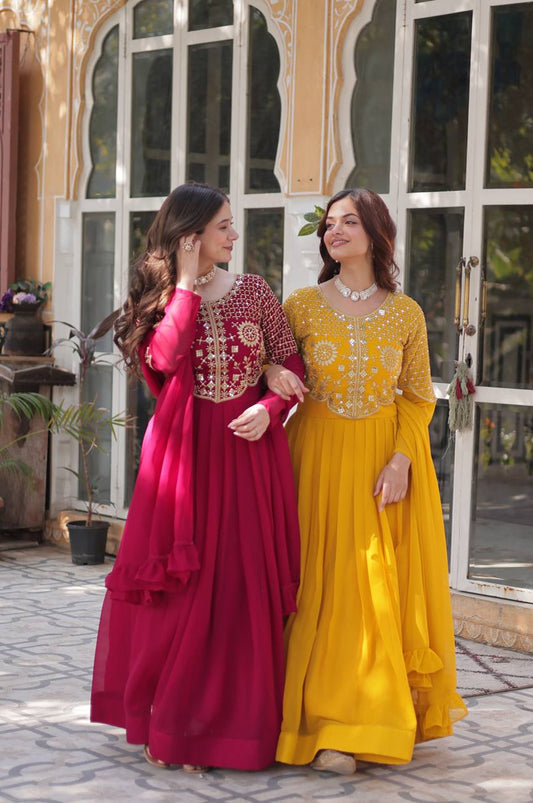 Yellow & Red Faux Blooming Designer Gown with Dupatta