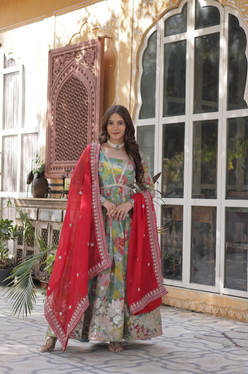 Elegant Alia Cut Russian Silk Gown with Dupatta (Orange & Green)