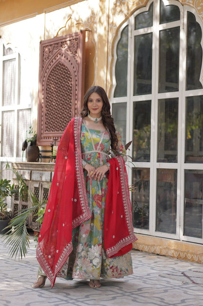 Elegant Alia Cut Russian Silk Gown with Dupatta (Orange & Green)