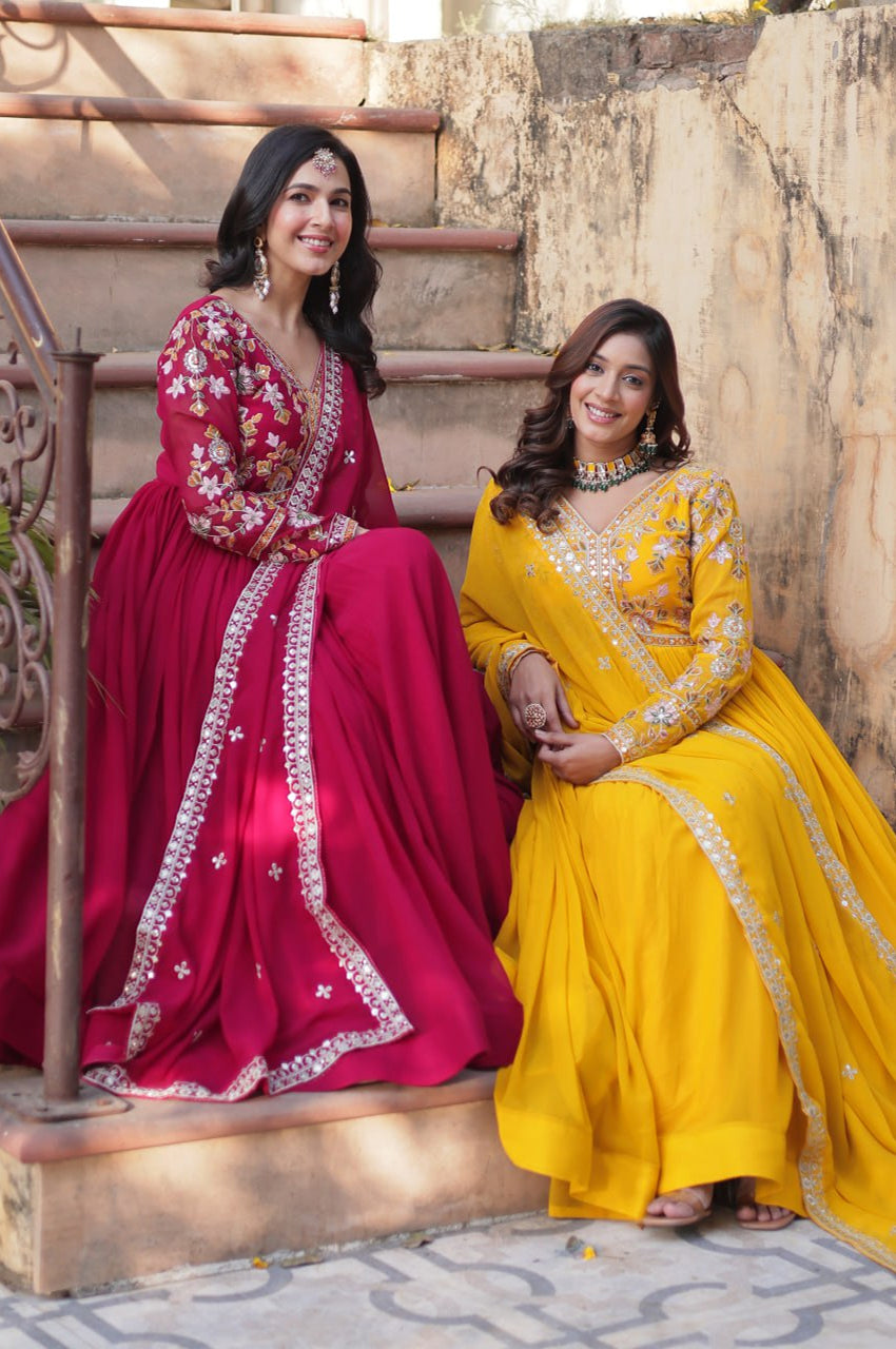 Yellow & Red Designer Gown Set with Zari Sequin Work