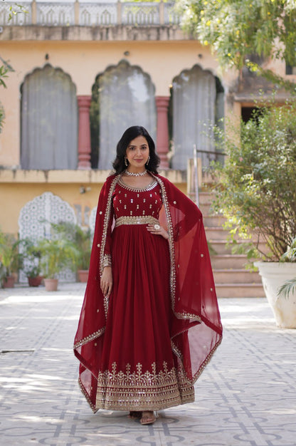 Maroon & Purple Faux Embroidered Gown with Dupatta – Regal Edition