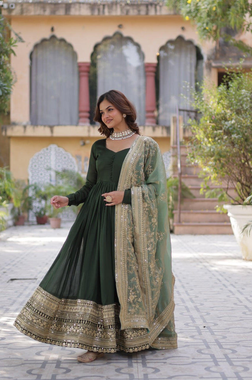 Rani Pink & Green Vichitra Gown with Dupatta – Festive Flair Edition