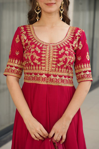 Premium Vichitra Silk Gown with Dupatta (Red & Purple Variants)