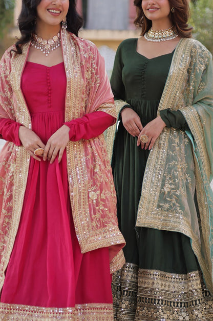 Rani Pink & Green Vichitra Gown with Dupatta – Festive Flair Edition