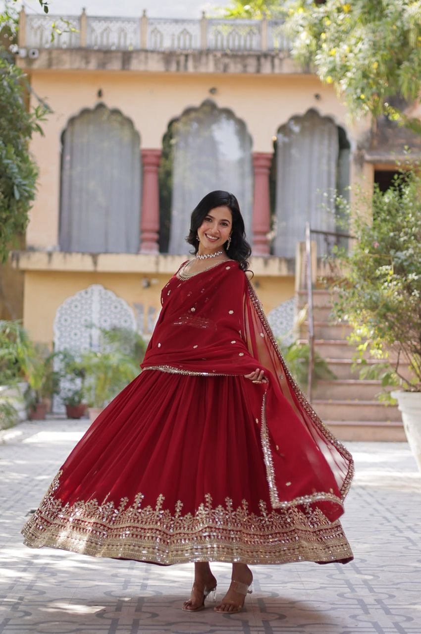Maroon & Purple Faux Embroidered Gown with Dupatta – Regal Edition