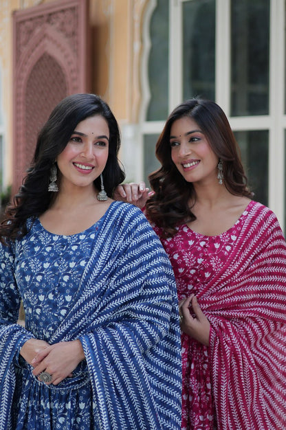 Pure Cotton Kurti with Pant & Dupatta Set | Blue & Pink | Ethnic Chic