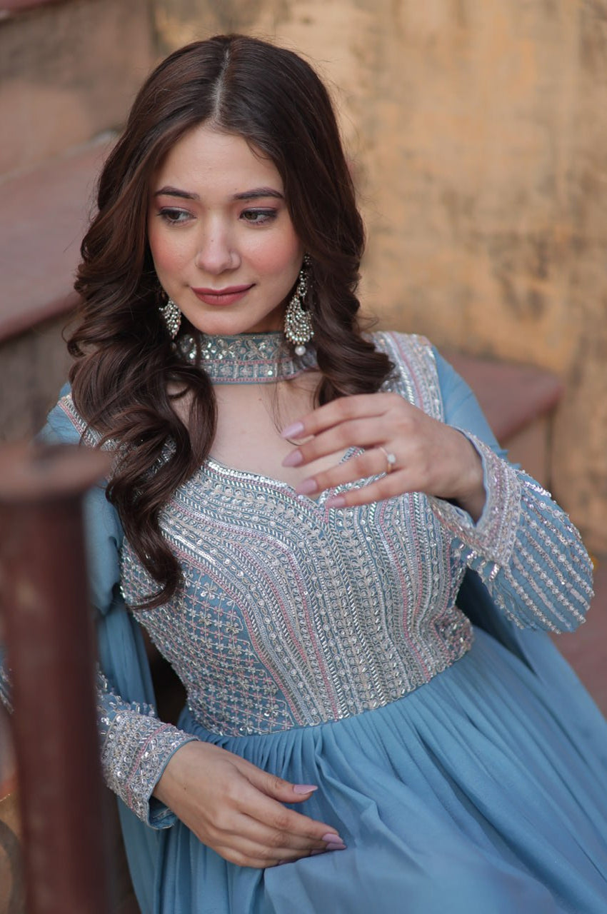 Elegant Star Georgette Gown with Beads + Dupatta | Sky Blue & Purple