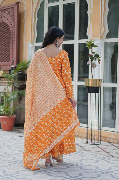 Pure Cotton Kurti Pant Dupatta Set | Gray & Orange | Ethnic Charm