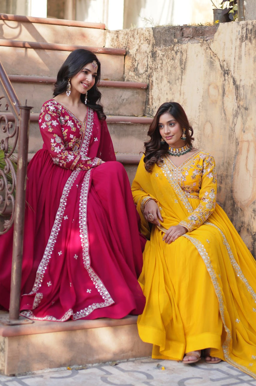 Yellow & Red Designer Gown Set with Zari Sequin Work
