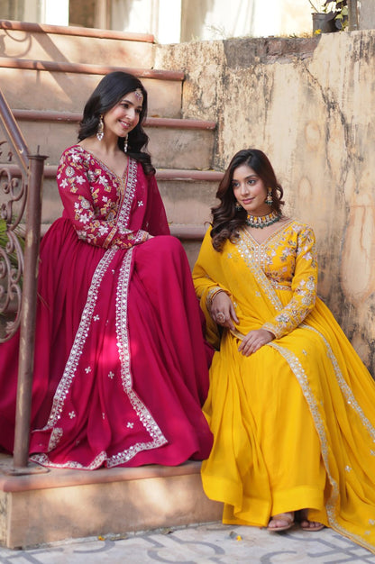 Yellow & Red Designer Gown Set with Zari Sequin Work