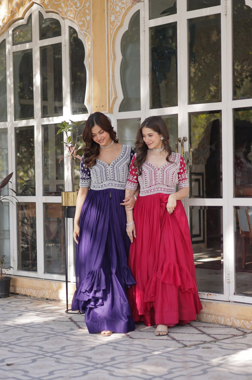 Slit-Cut Long Kurti with Lehenga Set | Purple & Red