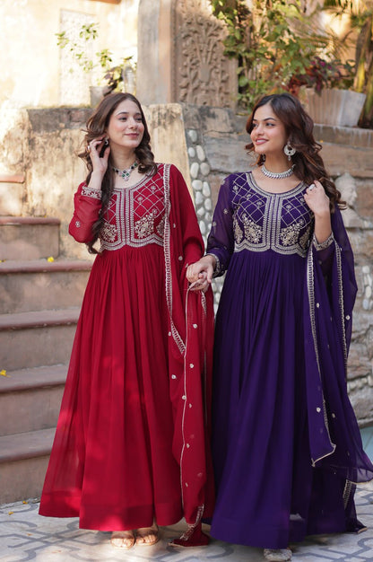 Premium Faux Blooming Embroidered Gown with Dupatta (Maroon & Purple)