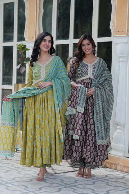 Pure Cotton Kurti Pant Dupatta Set | Coffee & Green | Ethnic Luxe