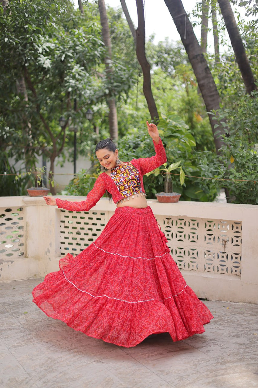Bandhej Print Navratri Lehenga Choli with Gamthi Embroidery & Gotta Patti Lace – 12 Meter Flair (Fully Stitched)