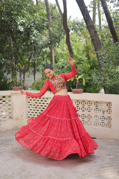 Bandhej Print Navratri Lehenga Choli with Gamthi Embroidery & Gotta Patti Lace – 12 Meter Flair (Fully Stitched)