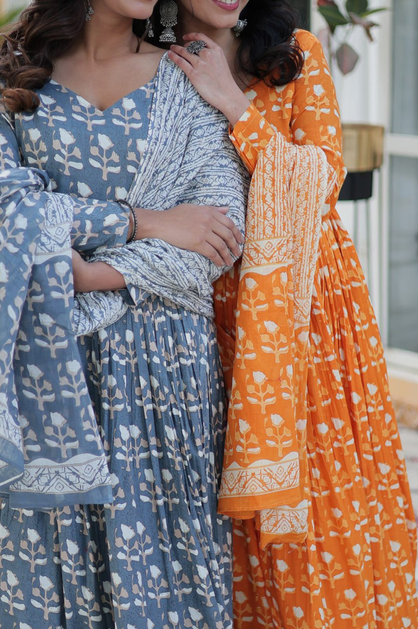 Pure Cotton Kurti Pant Dupatta Set | Gray & Orange | Ethnic Charm