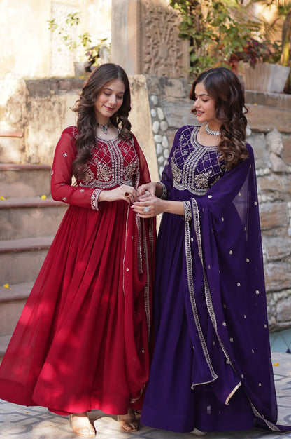 Premium Faux Blooming Embroidered Gown with Dupatta (Maroon & Purple)