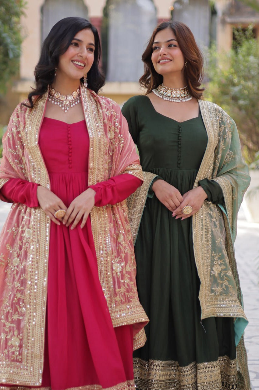 Rani Pink & Green Vichitra Gown with Dupatta – Festive Flair Edition