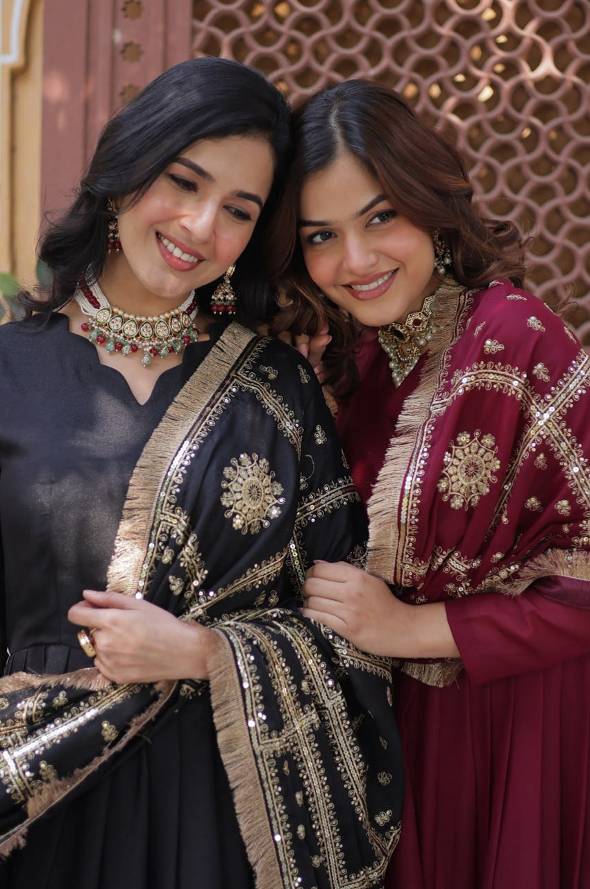 Black & Maroon Star  Gown with Dupatta – Ready-to-Wear Collection