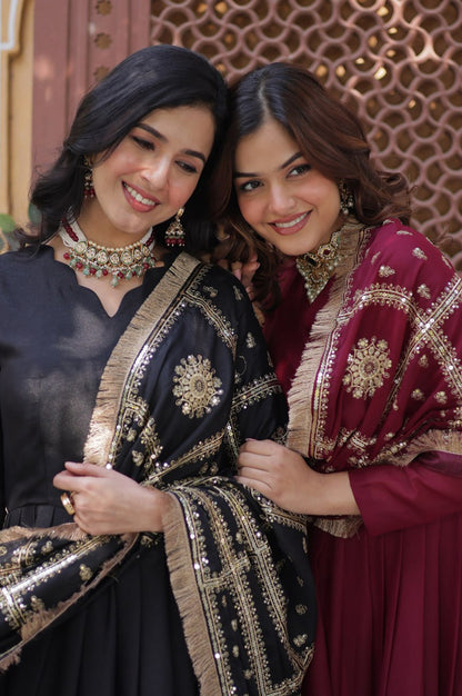Black & Maroon Star  Gown with Dupatta – Ready-to-Wear Collection