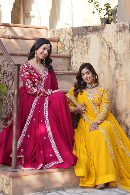 Yellow & Red Designer Gown Set with Zari Sequin Work