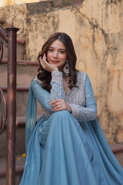 Elegant Star Georgette Gown with Beads + Dupatta | Sky Blue & Purple