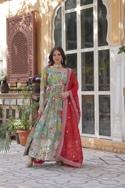 Elegant Alia Cut Russian Silk Gown with Dupatta (Orange & Green)