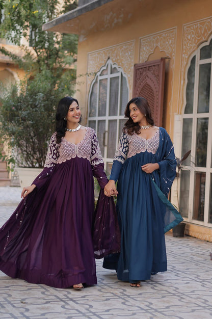 Designer Star Georgette Gown with Beads & Sequins Work + Dupatta