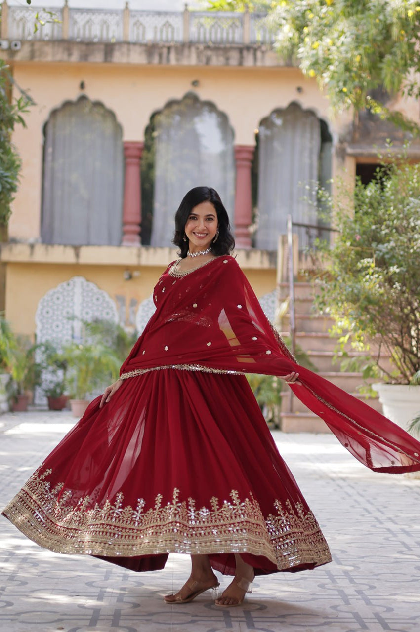 Maroon & Purple Faux Embroidered Gown with Dupatta – Regal Edition