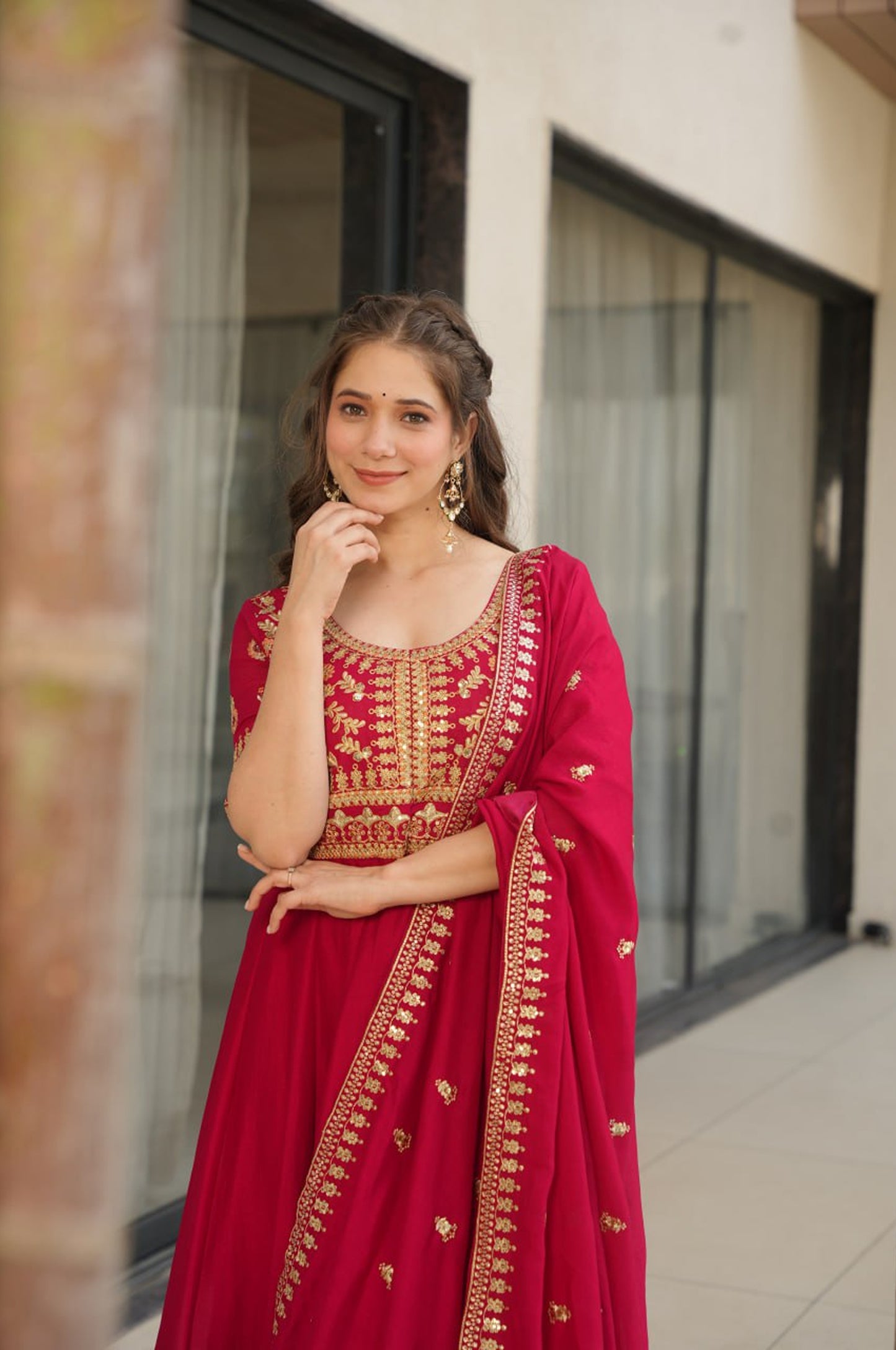 Premium Vichitra Silk Gown with Dupatta (Red & Purple Variants)