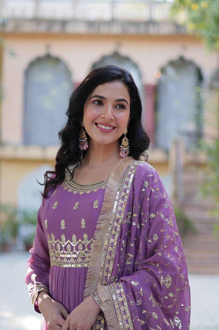 Premium Star Georgette Heavy Flair Gown with Embroidered Dupatta