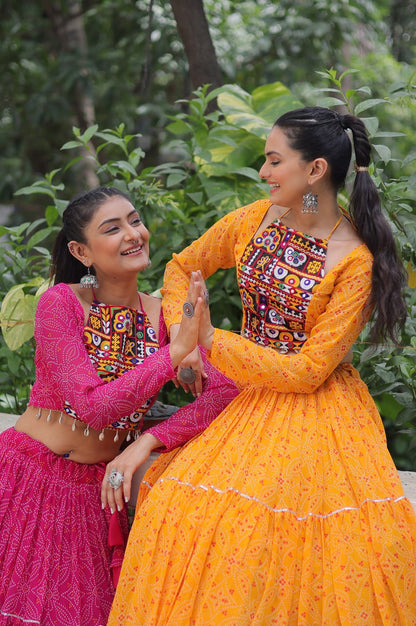 Bandhej Print Navratri Lehenga Choli with Gamthi Embroidery & Gotta Patti Lace – 12 Meter Flair (Fully Stitched)