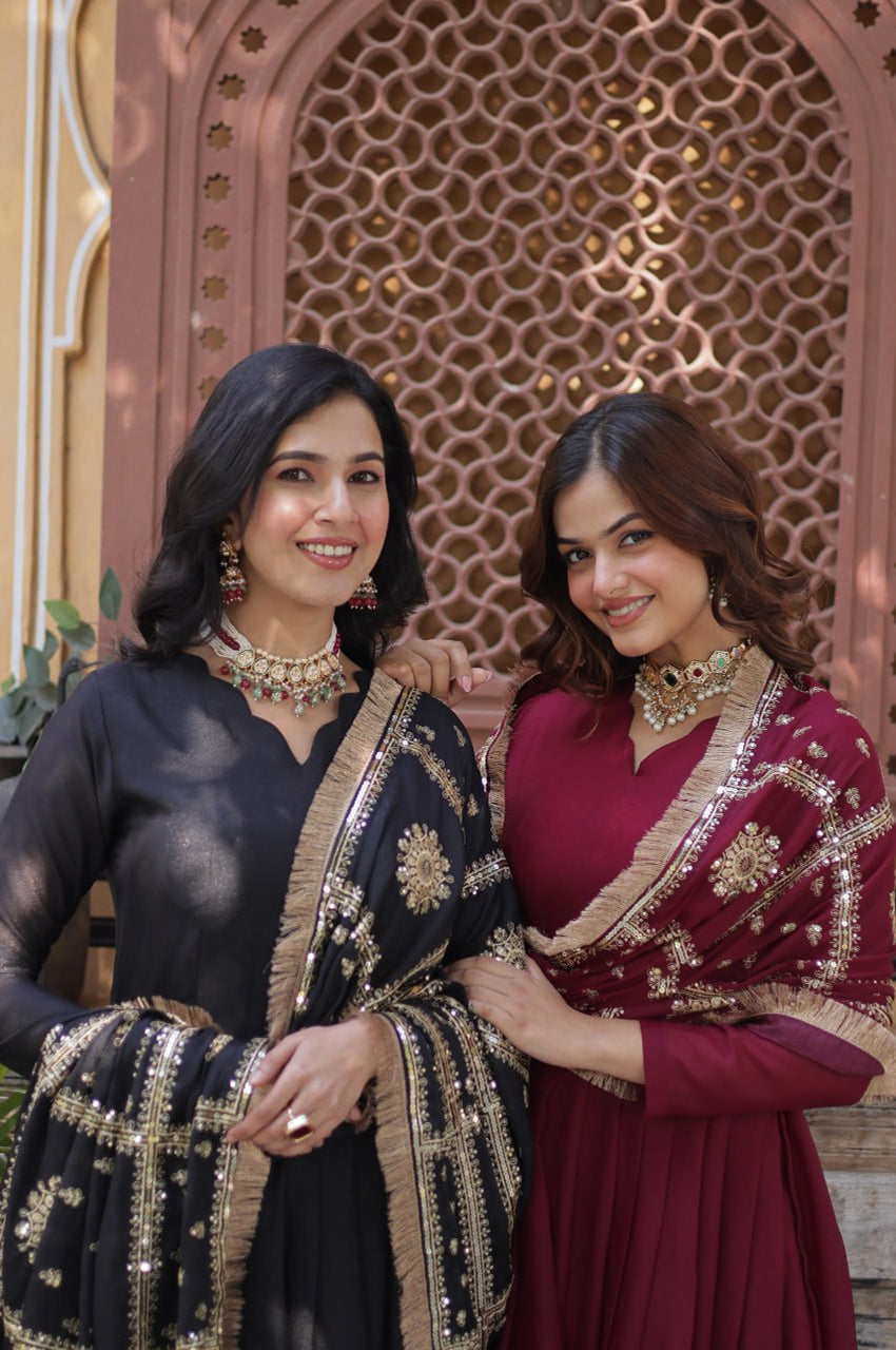 Black & Maroon Star  Gown with Dupatta – Ready-to-Wear Collection