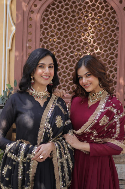 Black & Maroon Star  Gown with Dupatta – Ready-to-Wear Collection