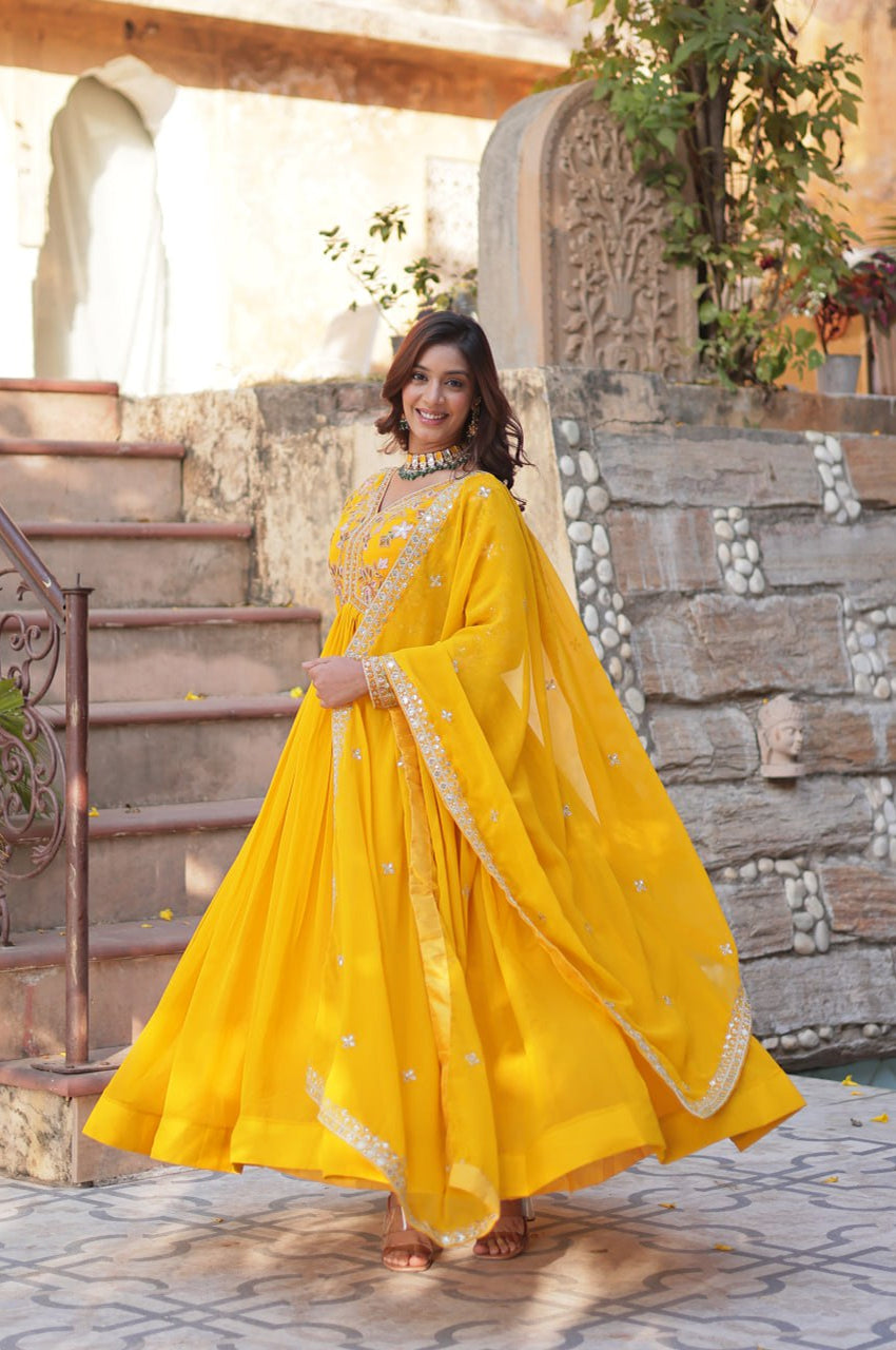 Yellow & Red Designer Gown Set with Zari Sequin Work