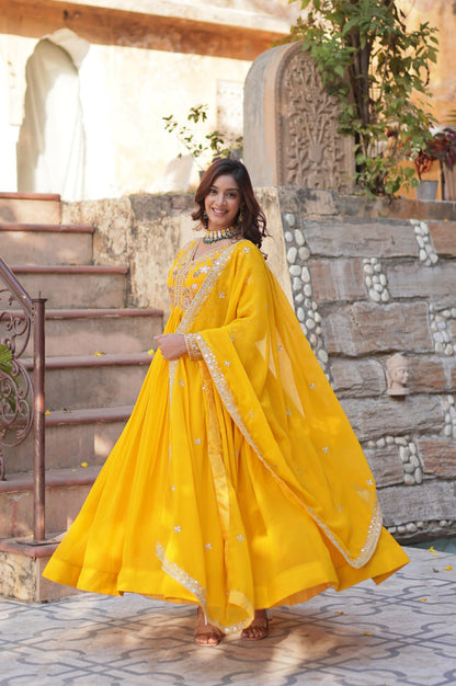 Yellow & Red Designer Gown Set with Zari Sequin Work
