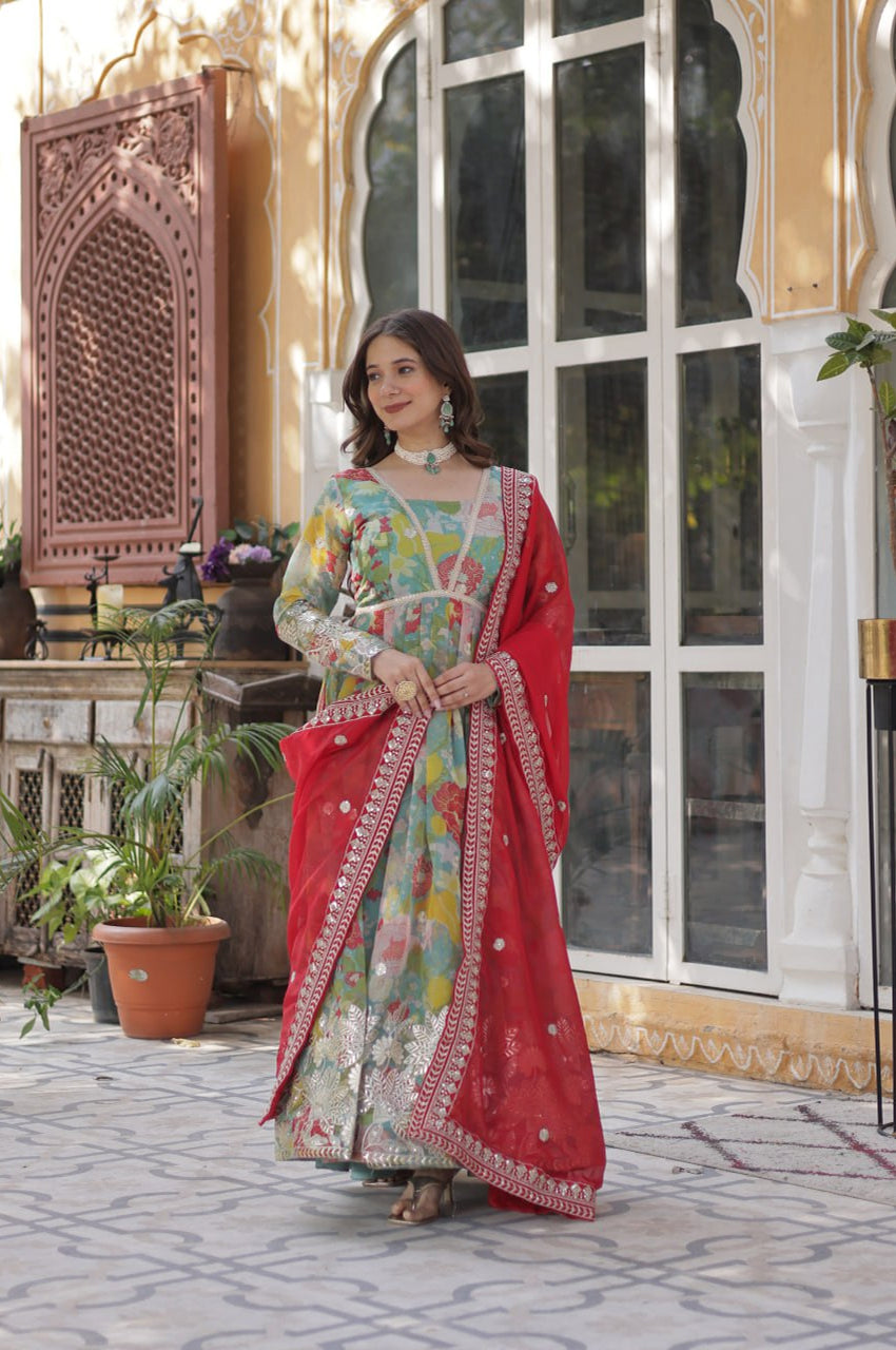 Elegant Alia Cut Russian Silk Gown with Dupatta (Orange & Green)