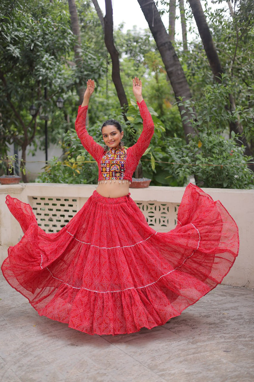 Bandhej Print Navratri Lehenga Choli with Gamthi Embroidery & Gotta Patti Lace – 12 Meter Flair (Fully Stitched)